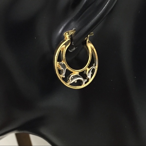 Dolphins Hoop Earrings. 18K Gold Filled. Two Tones - Picture 2 of 5